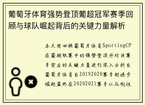 葡萄牙体育强势登顶葡超冠军赛季回顾与球队崛起背后的关键力量解析