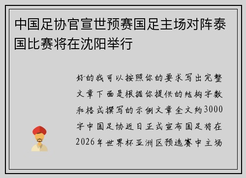 中国足协官宣世预赛国足主场对阵泰国比赛将在沈阳举行